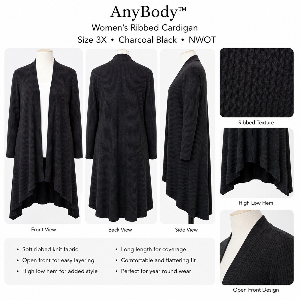 AnyBody Brushed Rib Cardigan 3X Charcoal Black High-Low Hem Open Front Plus Size